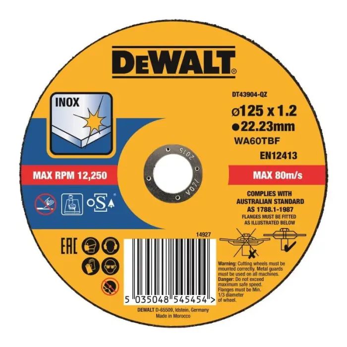 Круг отрезной DeWALT EXTREME, нержавеющая сталь/листовой металл, 125х1.2х22.23 мм (DT43904)