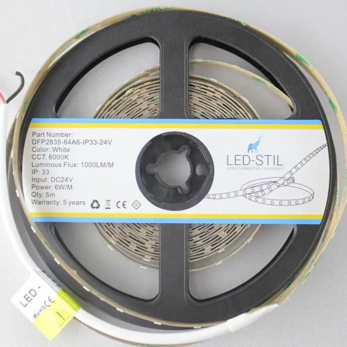 Світлодіодна стрічка LED-STIL 6000K 6 Вт/м 2835 64 діода IP33 24 Вольта 1000 lm холодне світло (DFP2835-64A6-IP33-24V) зображення 4