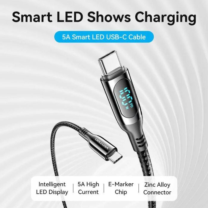 Дата кабель USB-C to USB-C 1.2m USB3.1 100W Display Zinc Alloy Vention (TAYBAV) изображение 4