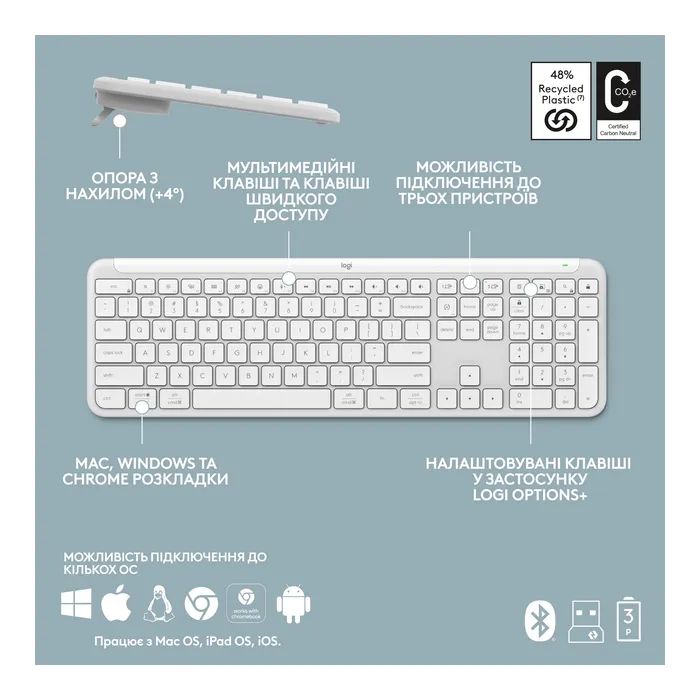 Клавіатура Logitech K950 Bluetooth/Wireless UA Graphite (920-012465) зображення 9