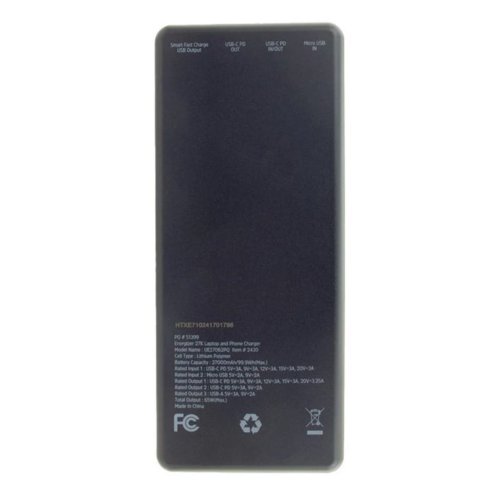 Батарея универсальная Energizer 27000mAh Li-pol PD/65W for laptop, black (UE27062PQ) изображение 5