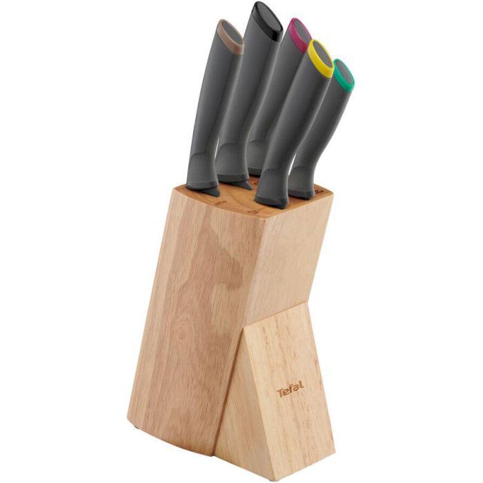 Набор ножей Tefal Fresh Kitchen, дерев'яна колода, 5шт, нержавіюча сталь, чорний (K122S504)