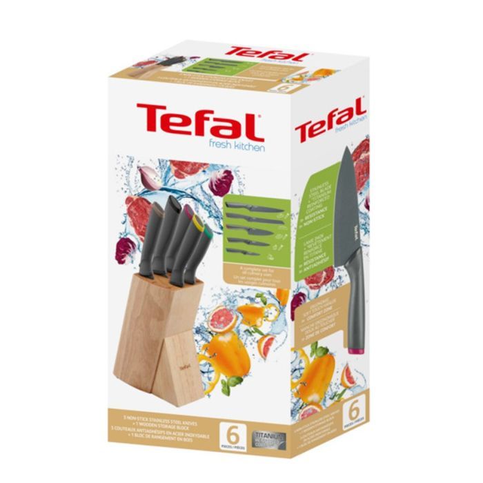Набор ножей Tefal Fresh Kitchen, дерев'яна колода, 5шт, нержавіюча сталь, чорний (K122S504) изображение 9