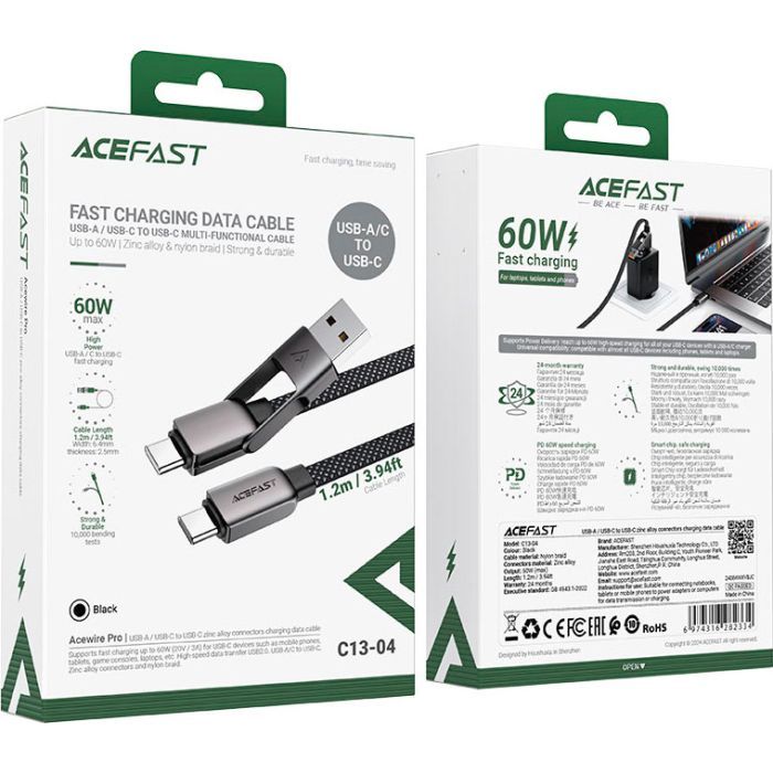 Дата кабель USB-C to USB-C/A 1.2m 3.0A zink alloy C13-04 Black Acefast (6974316282334) изображение 5