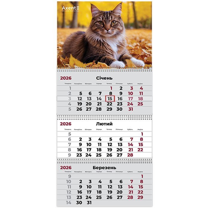 Календарь Axent настенный квартальный 2026 г.,3 пружины Cats 2 (8803-26-14-A)