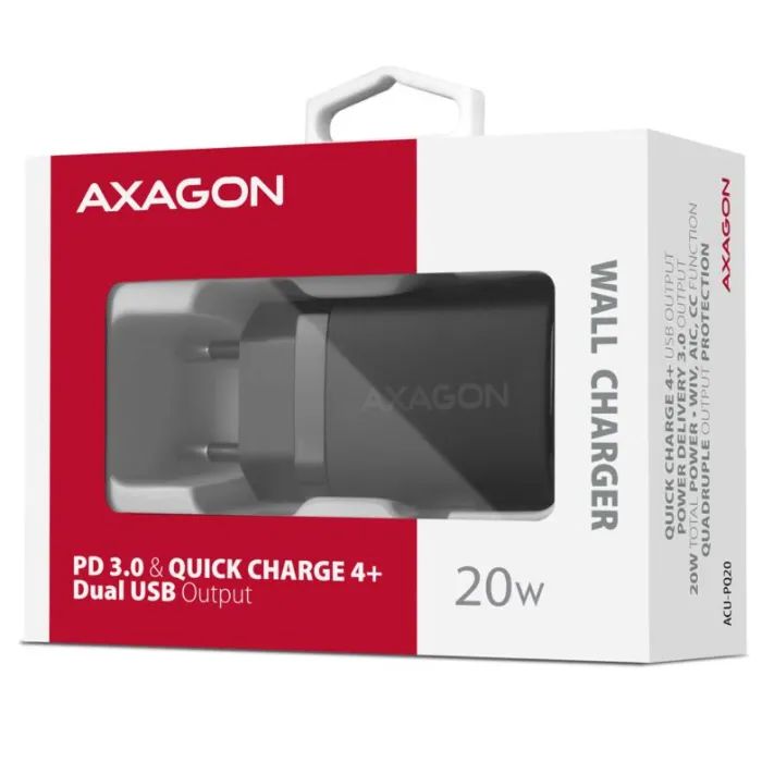 Зарядний пристрій AXAGON 1xUSB QC3.0 + 1xUSB-C PD20W black (ACU-PQ20) зображення 2