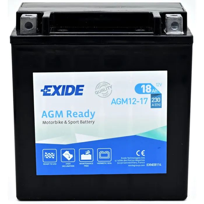 Аккумулятор автомобильный EXIDE Мото Ready AGM 18Ah (+/-) (230EN) (AGM12-17)