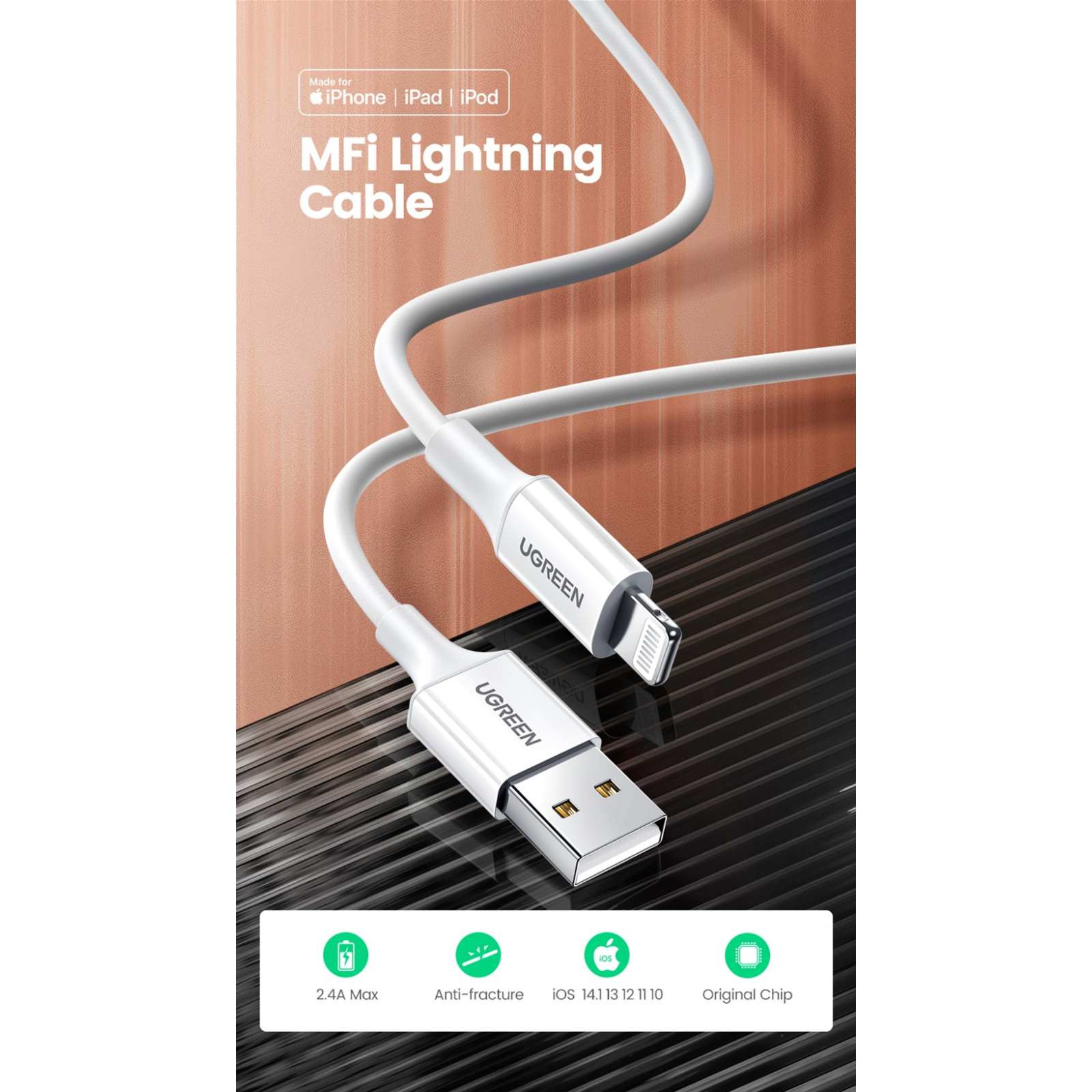 Дата кабель USB 2.0 AM to Lightning 2.0m US155 2.4A, Nickel Plating ABS Shell White Ugreen (20730) изображение 2