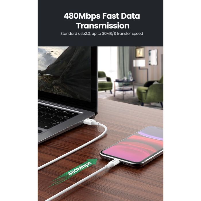 Дата кабель USB 2.0 AM to Lightning 2.0m US155 2.4A, Nickel Plating ABS Shell White Ugreen (20730) зображення 4