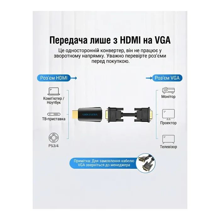Переходник HDMI M to VGA F 1080P 60Hz 3,5mm Audio Vention (AIDB0) изображение 9