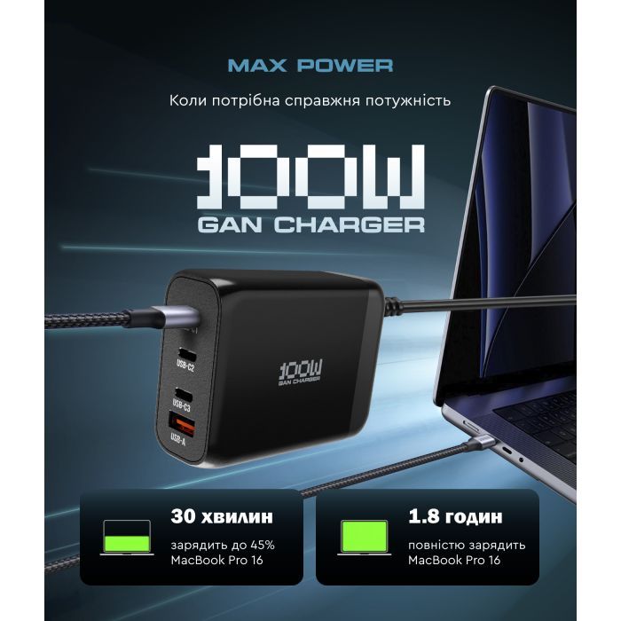 Зарядное устройство Armorstandart ARP-131 Resolute Power USB-C 100W GaN Black (ARM70024) изображение 2