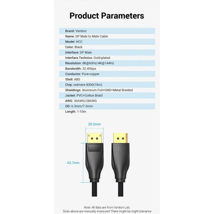 Кабель мультимедійний DisplayPort M to DisplayPort M 1.5m 8K60Hz black Vention (HCCBG) зображення 9