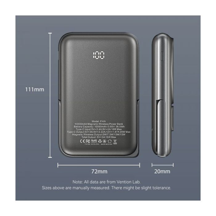 Батарея универсальная VENTION Magnetic Wireless 10000mAh 20W PD USB-C In/Out, QI-15W Black (FHNB0) изображение 3