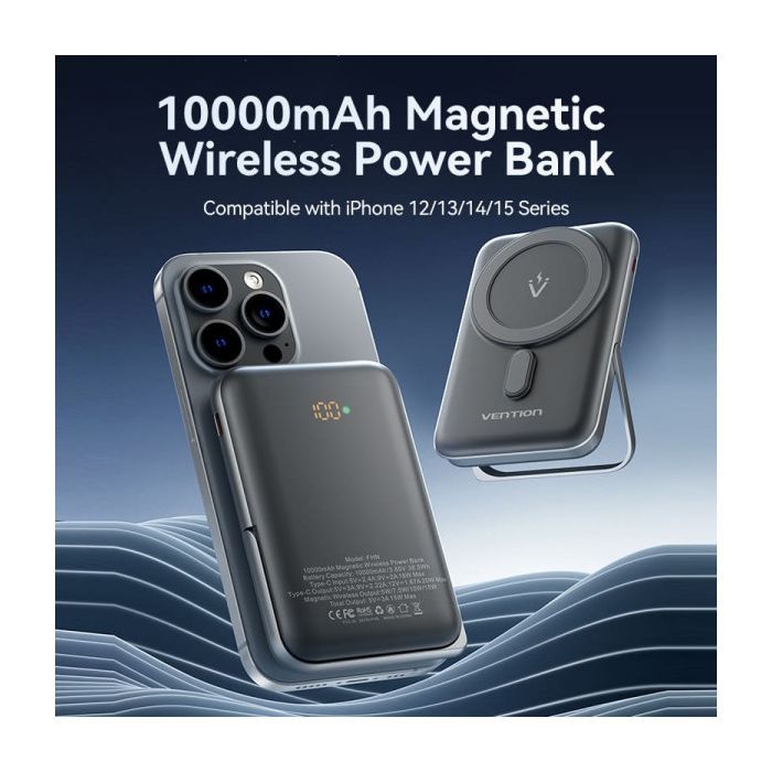 Батарея универсальная VENTION Magnetic Wireless 10000mAh 20W PD USB-C In/Out, QI-15W Black (FHNB0) изображение 4