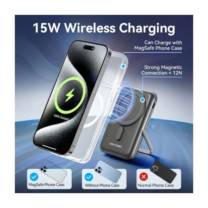 Батарея универсальная VENTION Magnetic Wireless 10000mAh 20W PD USB-C In/Out, QI-15W Black (FHNB0) изображение 7