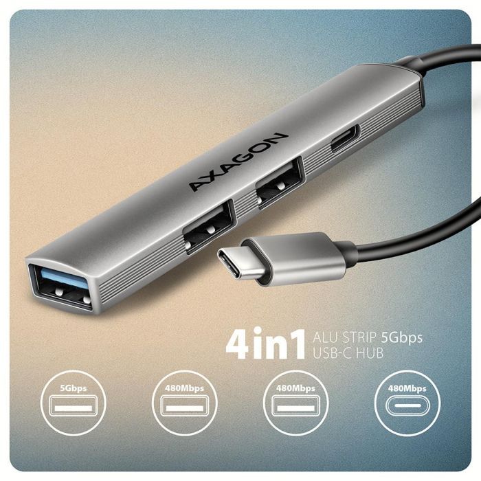 Концентратор AXAGON USB-C to 1xUSB-A 5Gbps + 2xUSB-A 480Mbps + 1xUSB-C 480Mbps 0.12m aluminum (HUE-STC) изображение 3