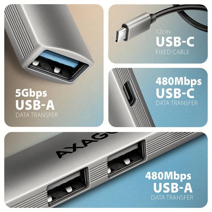 Концентратор AXAGON USB-C to 1xUSB-A 5Gbps + 2xUSB-A 480Mbps + 1xUSB-C 480Mbps 0.12m aluminum (HUE-STC) изображение 4