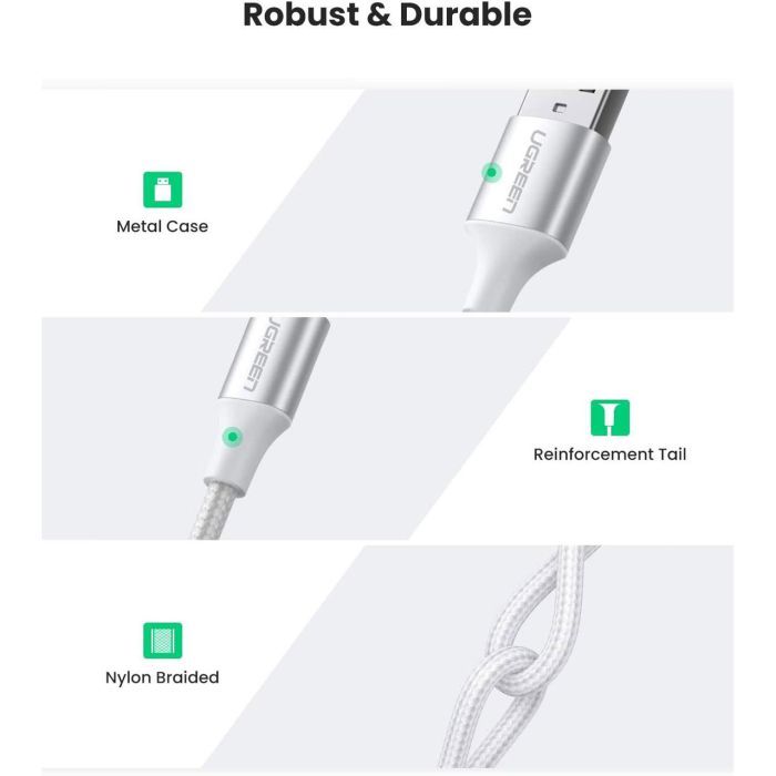 Дата кабель USB 2.0 AM to USB-C 0.25m 3A braided US288 white Ugreen (60129) изображение 3