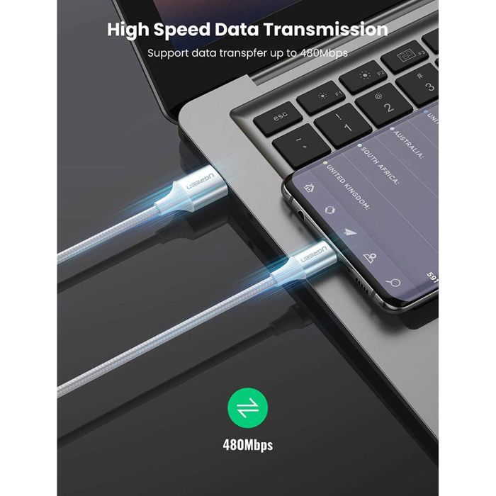 Дата кабель USB 2.0 AM to USB-C 0.25m 3A braided US288 white Ugreen (60129) изображение 4