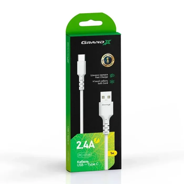 Дата кабель USB 2.0 AM to USB-C 1.0m 3A white Grand-X (PC-05W) изображение 4