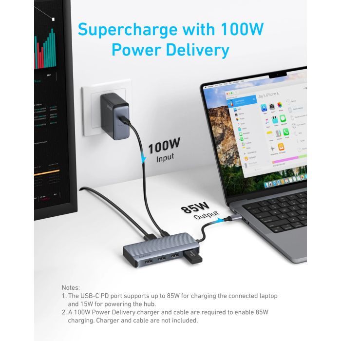Концентратор USB-C 7-in-1 1xUSB-C PD100W + 2xHDMI + 4xUSB-A black Anker (A83740A2) изображение 3