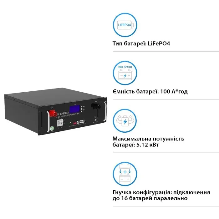 Батарея LiFePo4 GSL 100Ah 51.2V 5.12KWh (GSL51100-3.5U) изображение 2