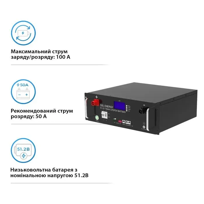Батарея LiFePo4 GSL 100Ah 51.2V 5.12KWh (GSL51100-3.5U) изображение 3