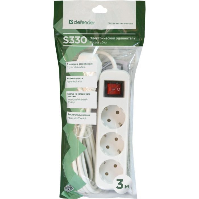Сетевой удлинитель Defender S330 3.0 m 3 роз switch white (99234) изображение 4