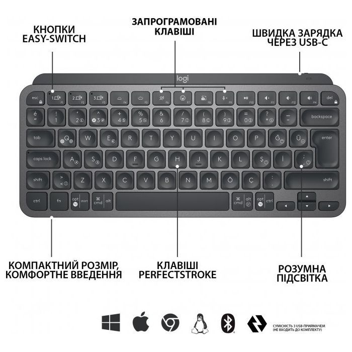 Клавиатура Logitech MX Keys Mini Wireless Illuminated UA Graphite (920-010498) изображение 5