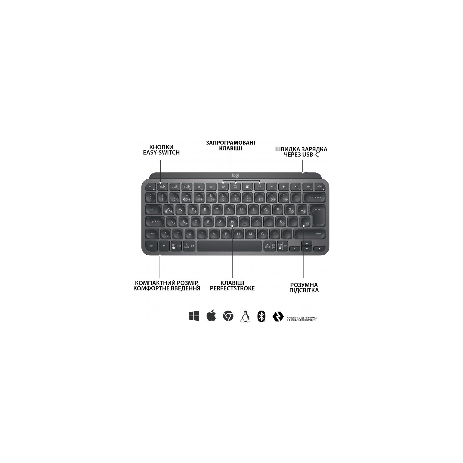 Клавиатура Logitech MX Keys Mini Wireless Illuminated UA Pale Grey (920-010499) изображение 5