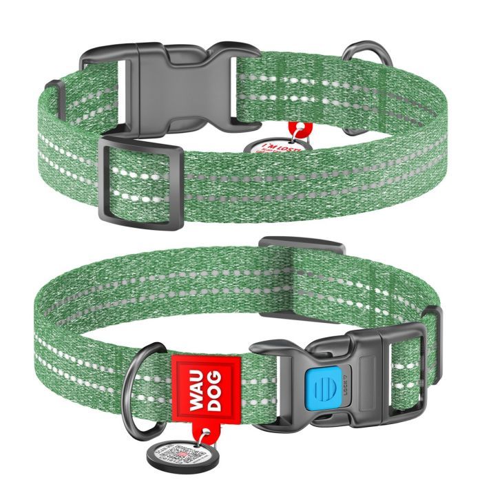 Нашийник для тварин WAUDOG Re-cotton з QR паспортом світловідбивний Ш 15 мм Д 25-35 см салатовий (02865)