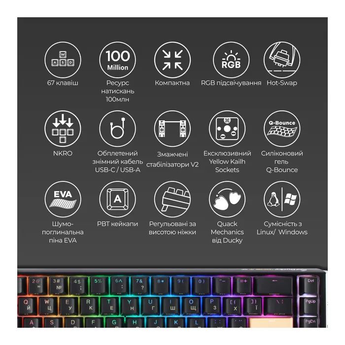 Клавиатура Ducky One 3 SF Cherry MX Brown RGB UA USB Black (DKON2167ST-BUAPXCLAWSC1) изображение 4