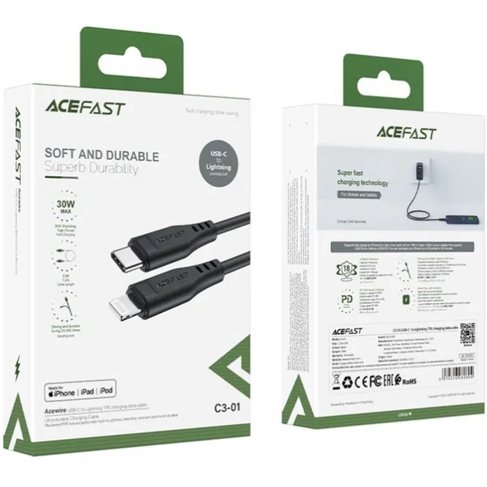 Дата кабель USB-C to Lightning 1.2m 3.0A TPE C3-01 Black Acefast (6974316280804) изображение 3