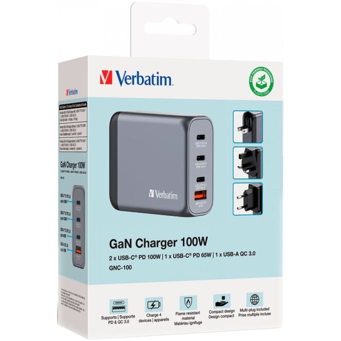 Зарядний пристрій Verbatim GaN 100 W 4 ports (2xUSB-C-100 W,USB-C 65 W /USB-A -3.0) (32202) зображення 6