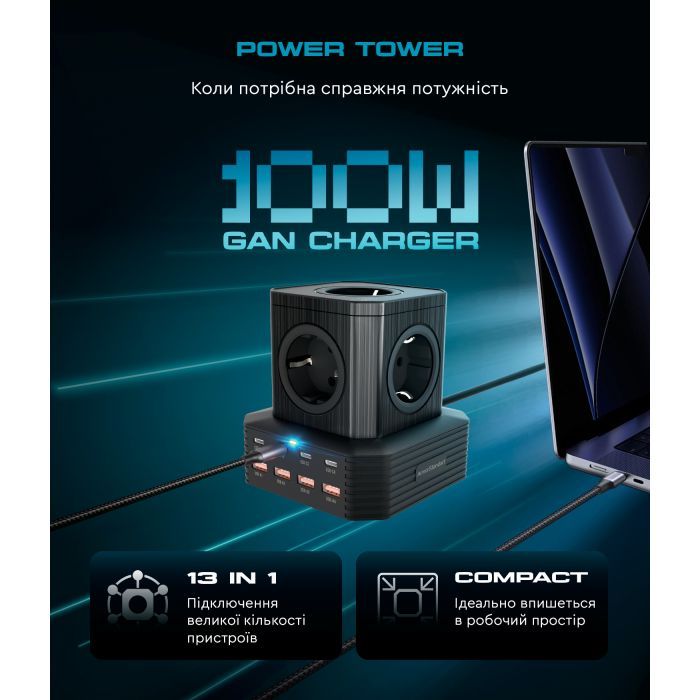 Зарядное устройство Armorstandart ARP-544 Resolute Power USB-C 100W GaN 2m Black (ARM73177) изображение 2