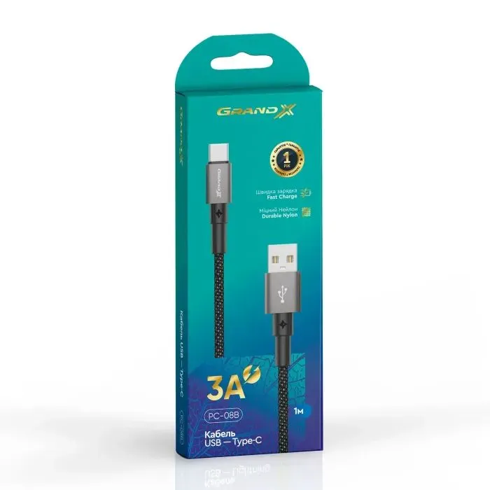 Дата кабель USB 2.0 AM to USB-C 1.0m 3A nylon black Grand-X (PC-08B) изображение 4