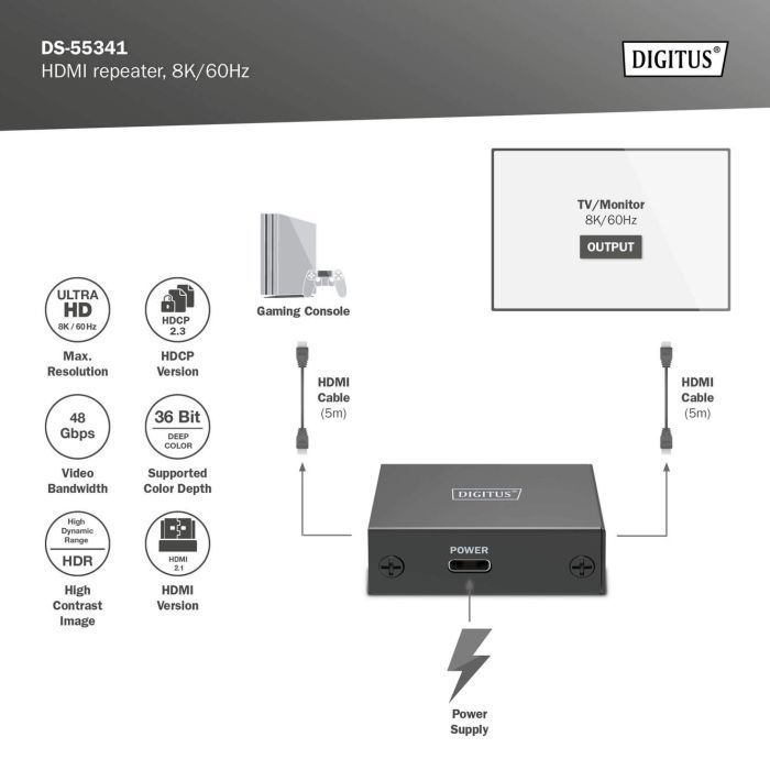 Адаптер HDMI extender 10m 8K60Hz/13m 4K60Hz repeater Digitus (DS-55341) зображення 7