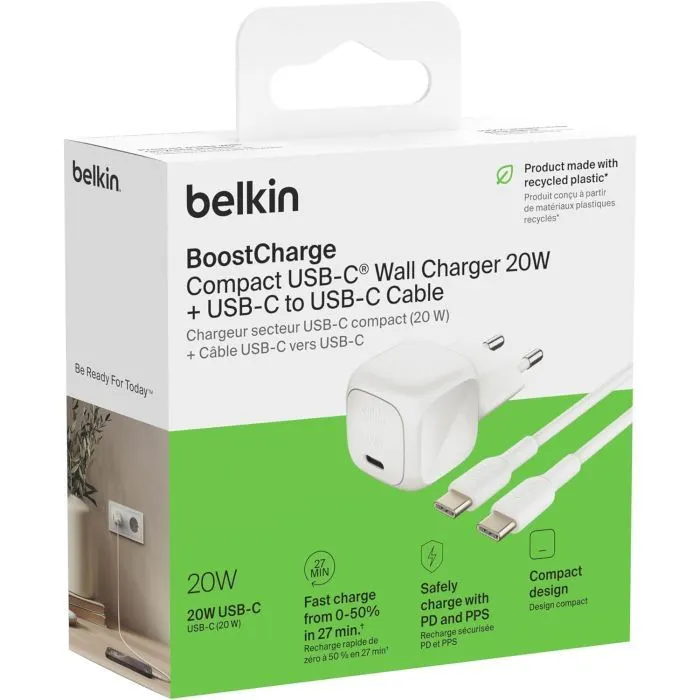 Зарядное устройство Belkin USB-C PD20W PPS PD3.1 + cable USB-C to USB-C 1.0m (WCA009KQ1MWH-B6) изображение 2