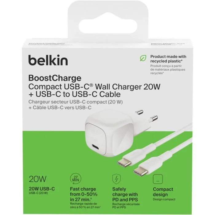 Зарядное устройство Belkin USB-C PD20W PPS PD3.1 + cable USB-C to USB-C 1.0m (WCA009KQ1MWH-B6) изображение 3
