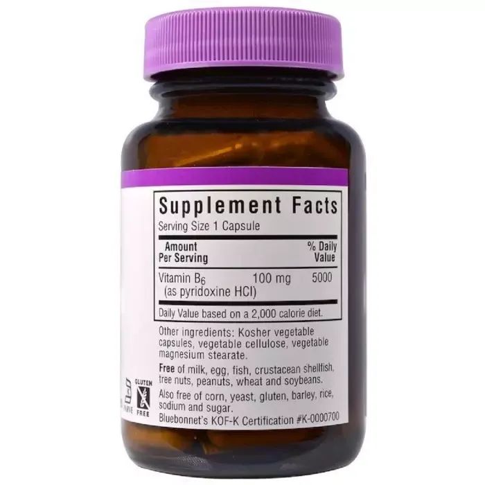 Витамин Bluebonnet Nutrition Витамин B6 100 мг, Vitamin B6, 90 вегетарианских капсул (BLB0430) изображение 2
