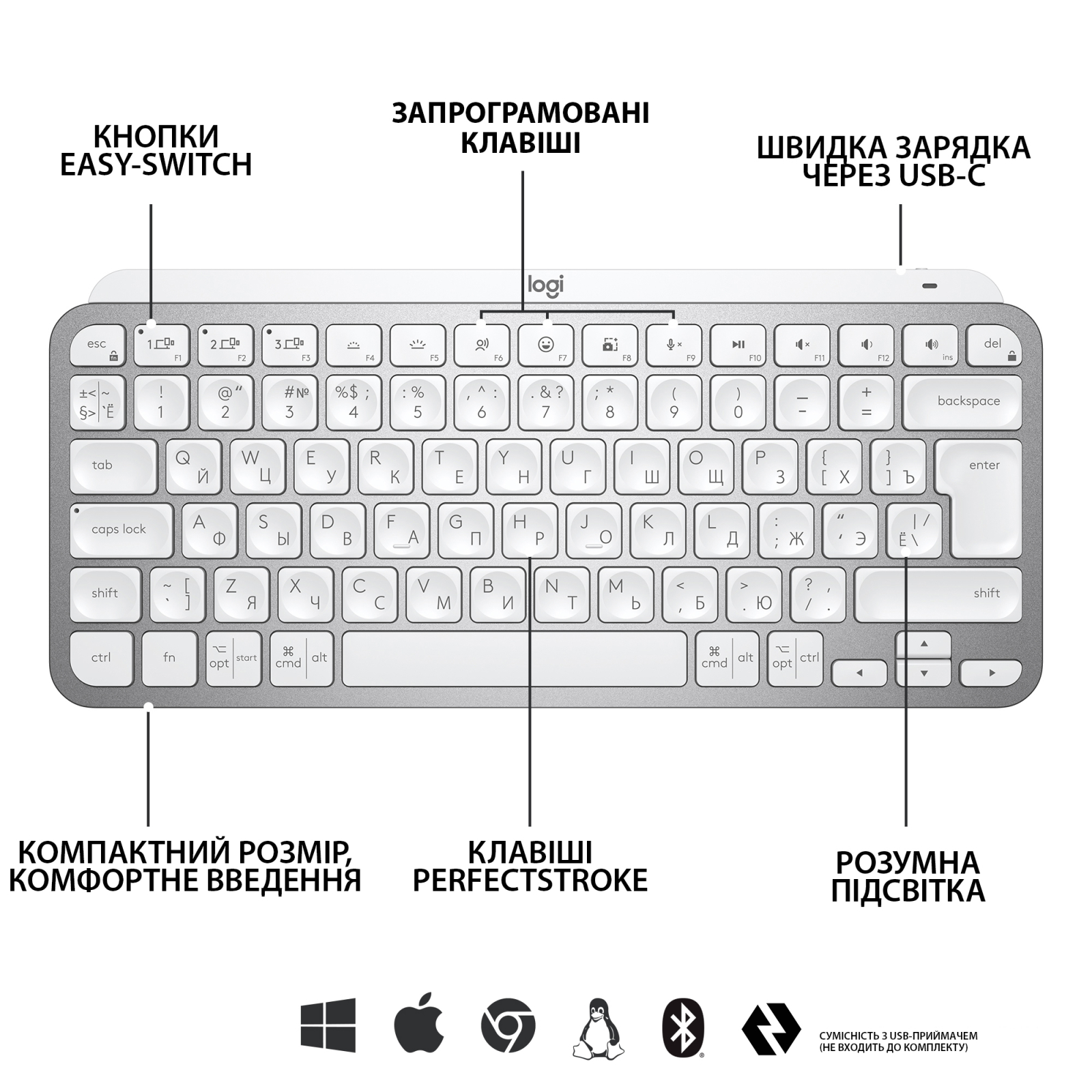 Клавіатура Logitech MX Keys Mini Wireless Illuminated UA Pale Grey (920-010499) зображення 6