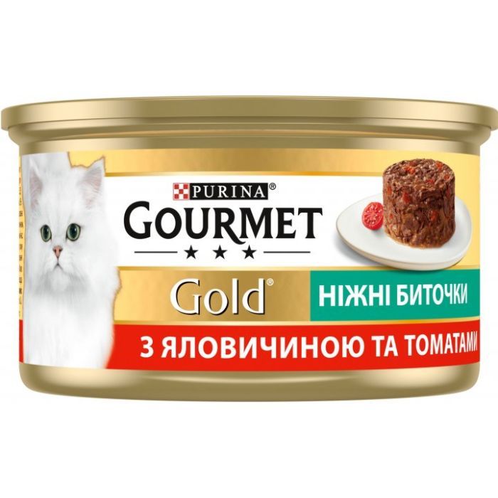 Вологий корм для кішок Purina Gourmet Gold. Ніжні биточки з яловичиною і томатами 85 г (7613035442474) зображення 2