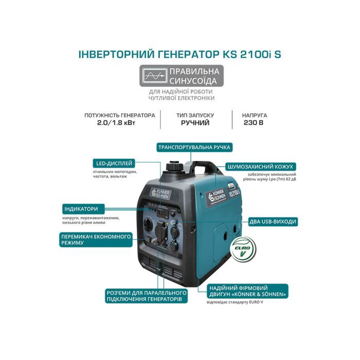 Генератор Konner&Sohnen инверторный KS 2100IS, 230В, 2.0kW, ручной стартер, 18.5кг (KS2100IS) изображение 11