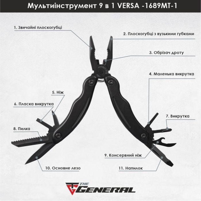 Мультитул TheGeneral Versa 9 функцій 165 мм у чохлі чорний (1689TG-1) зображення 4