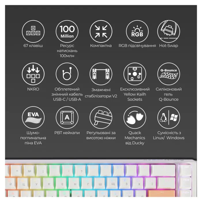 Клавиатура Ducky One 3 SF Cherry MX Brown RGB UA USB Black (DKON2167ST-BUAPXCLAWSC1) изображение 4