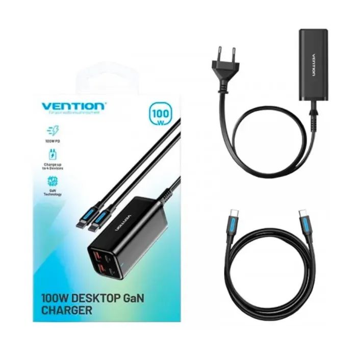Зарядное устройство Vention 4xUSB 100W (2xUSB-C+2xUSB-A) PD3.0/QC 3.0/GaN Black (FBSBG-EU) изображение 2