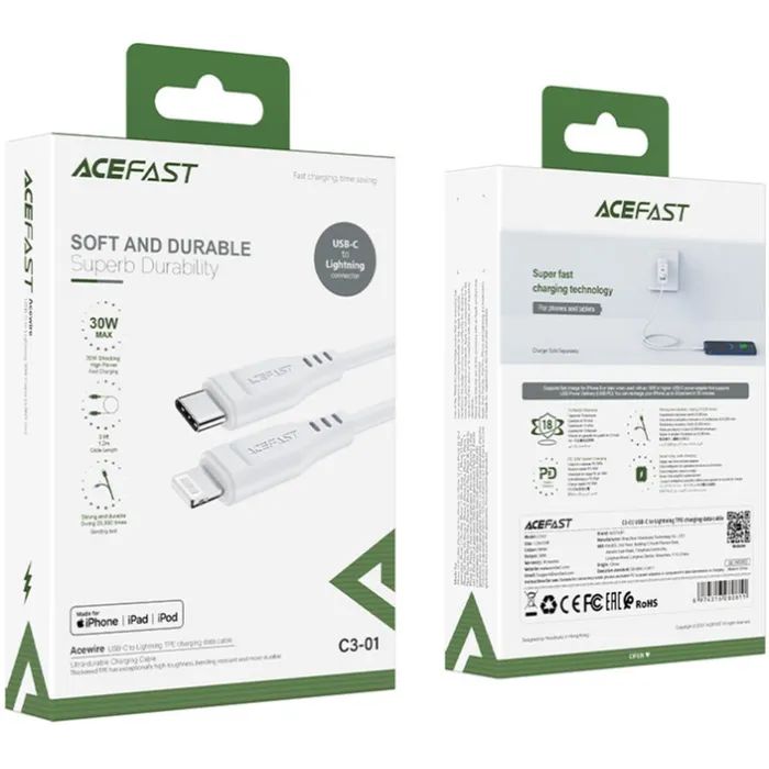Дата кабель USB-C to Lightning 1.2m 3.0A TPE C3-01 White Acefast (6974316280811) изображение 3