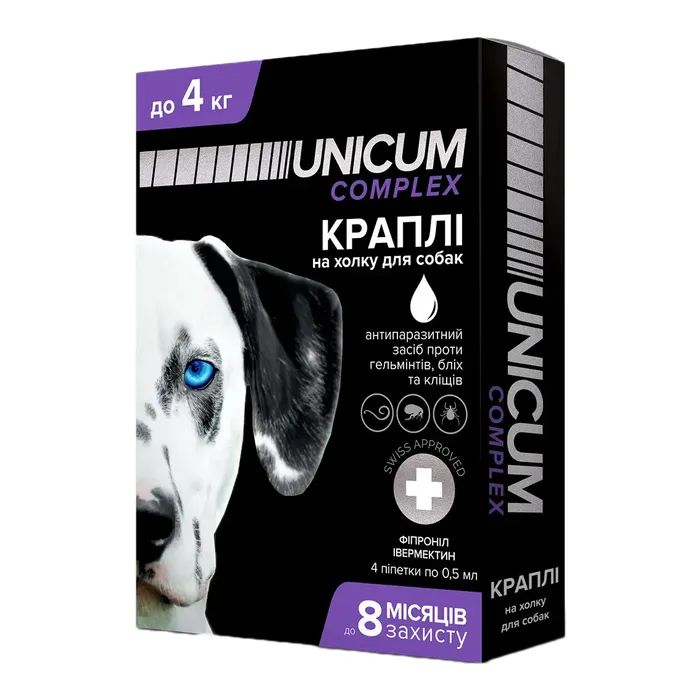 Капли для животных Unicum COMPLEX от блох, клещей и гельминтов на холку для собак до 4 кг/4 шт (4820150202507)
