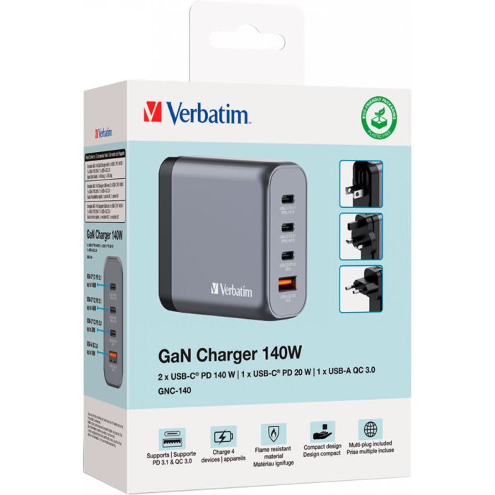 Зарядное устройство Verbatim GaN 140 W 4 ports (2xUSB-C-140 W,USB-C 20 W /USB-A -3.0) (32203) изображение 6