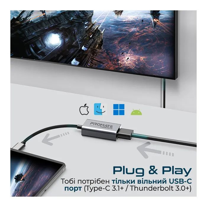 Переходник USB-C to HDMI 4K30Hz grey Promate (medialink-h1.grey) изображение 3
